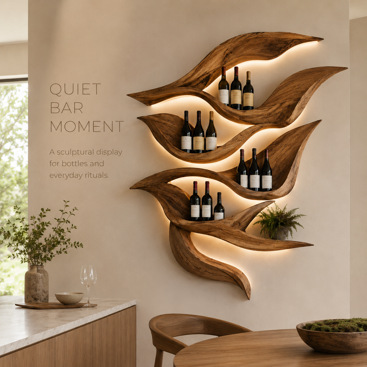 Solid Wood Wall Wine Rack with Glass Holder - Gallery Wave - product image 02