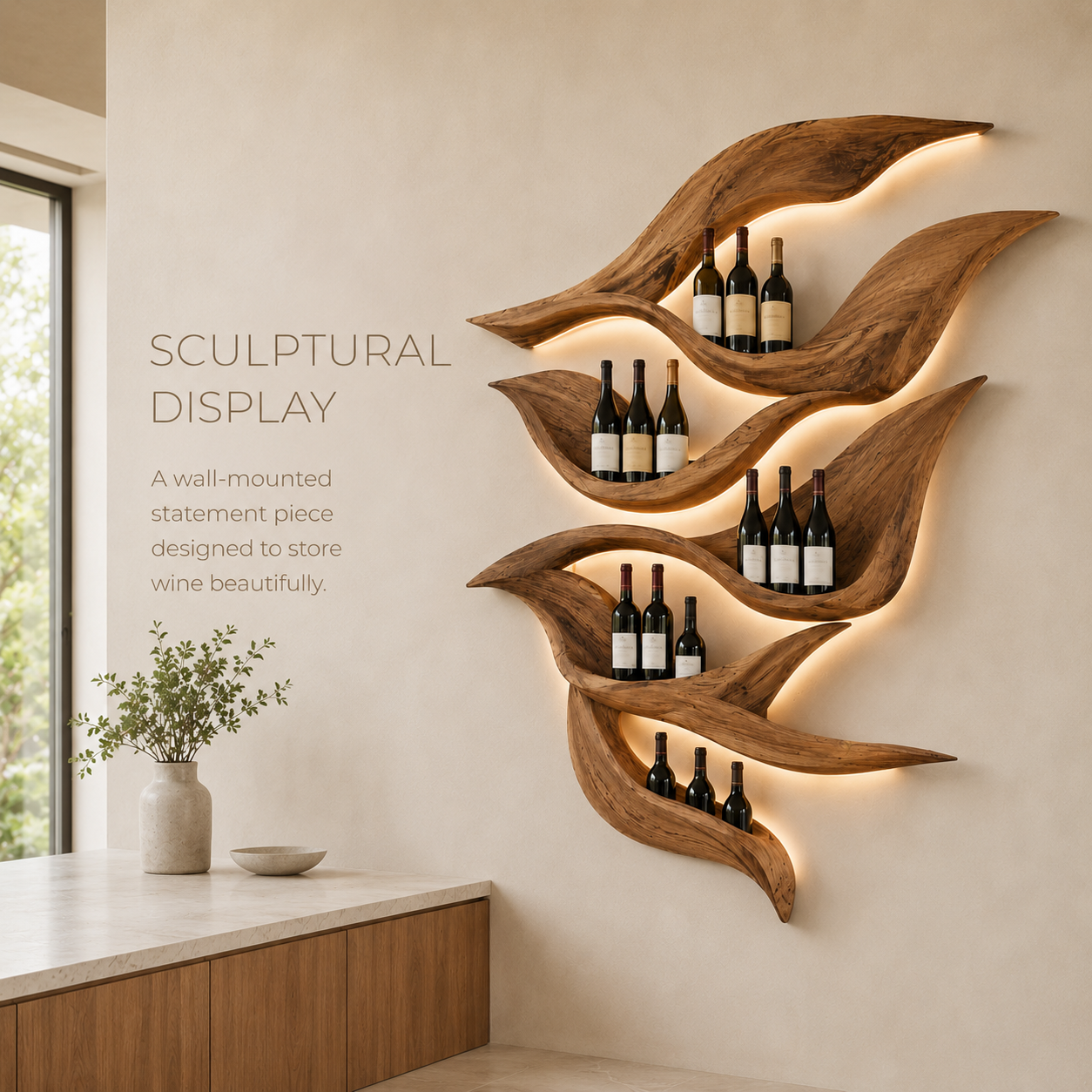 Solid Wood Wall Wine Rack with Glass Holder - Gallery Wave - product image 03
