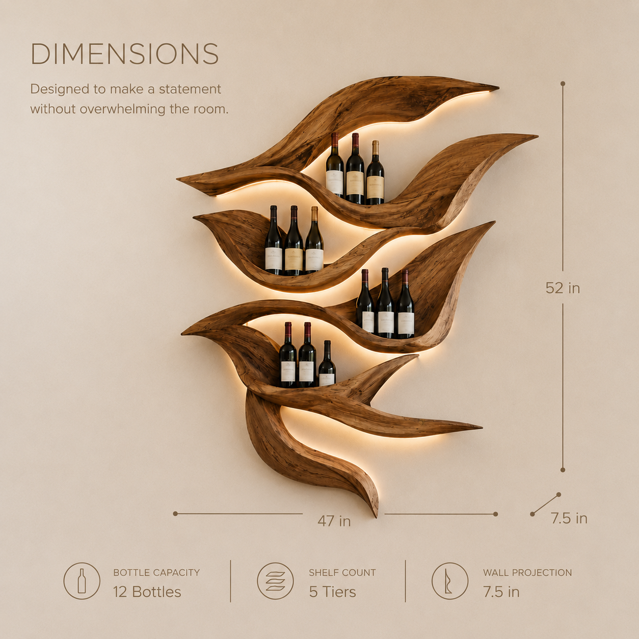 Solid Wood Wall Wine Rack with Glass Holder - Gallery Wave - product image 08