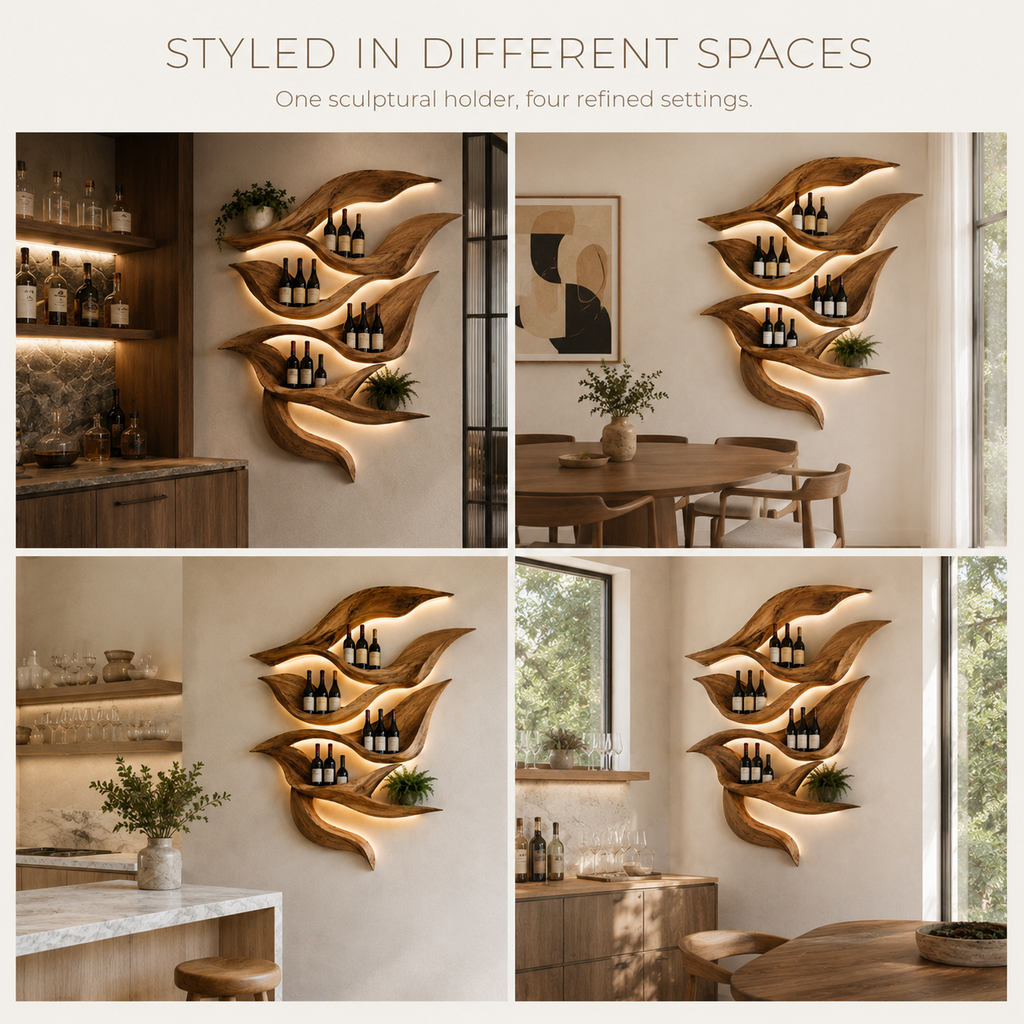 Solid Wood Wall Wine Rack with Glass Holder - Gallery Wave - product image 11
