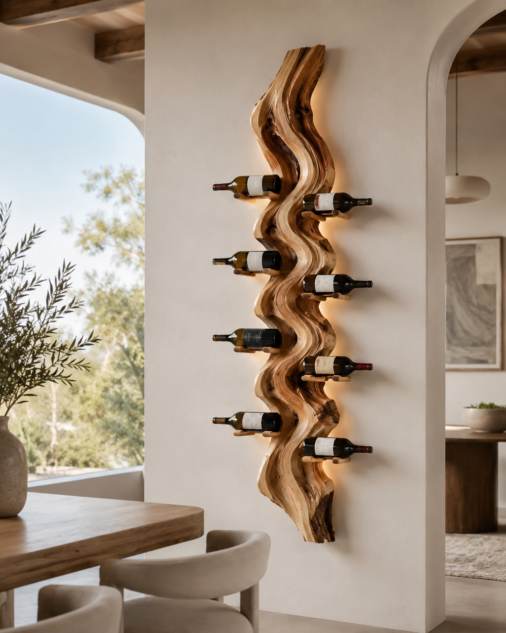 Solid Wood Wall Wine Rack with Glass Holder - Carved Halo - main view
