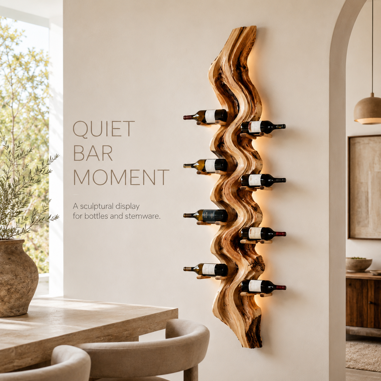 Solid Wood Wall Wine Rack with Glass Holder - Carved Halo - product image 02