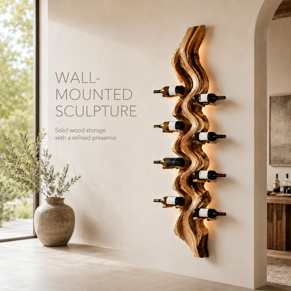 Solid Wood Wall Wine Rack with Glass Holder - Carved Halo - product image 03