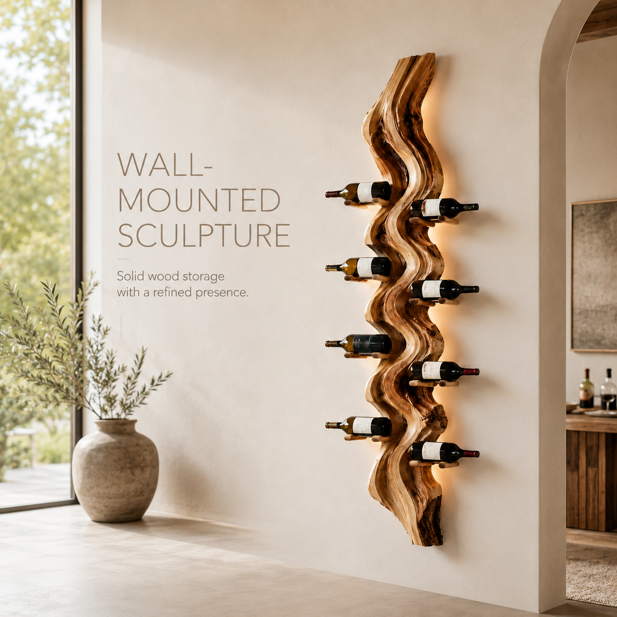 Solid Wood Wall Wine Rack with Glass Holder - Carved Halo - product image 03
