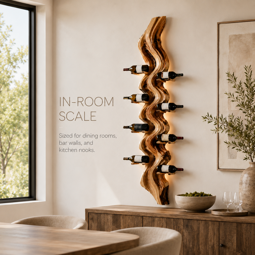 Solid Wood Wall Wine Rack with Glass Holder - Carved Halo - product image 04