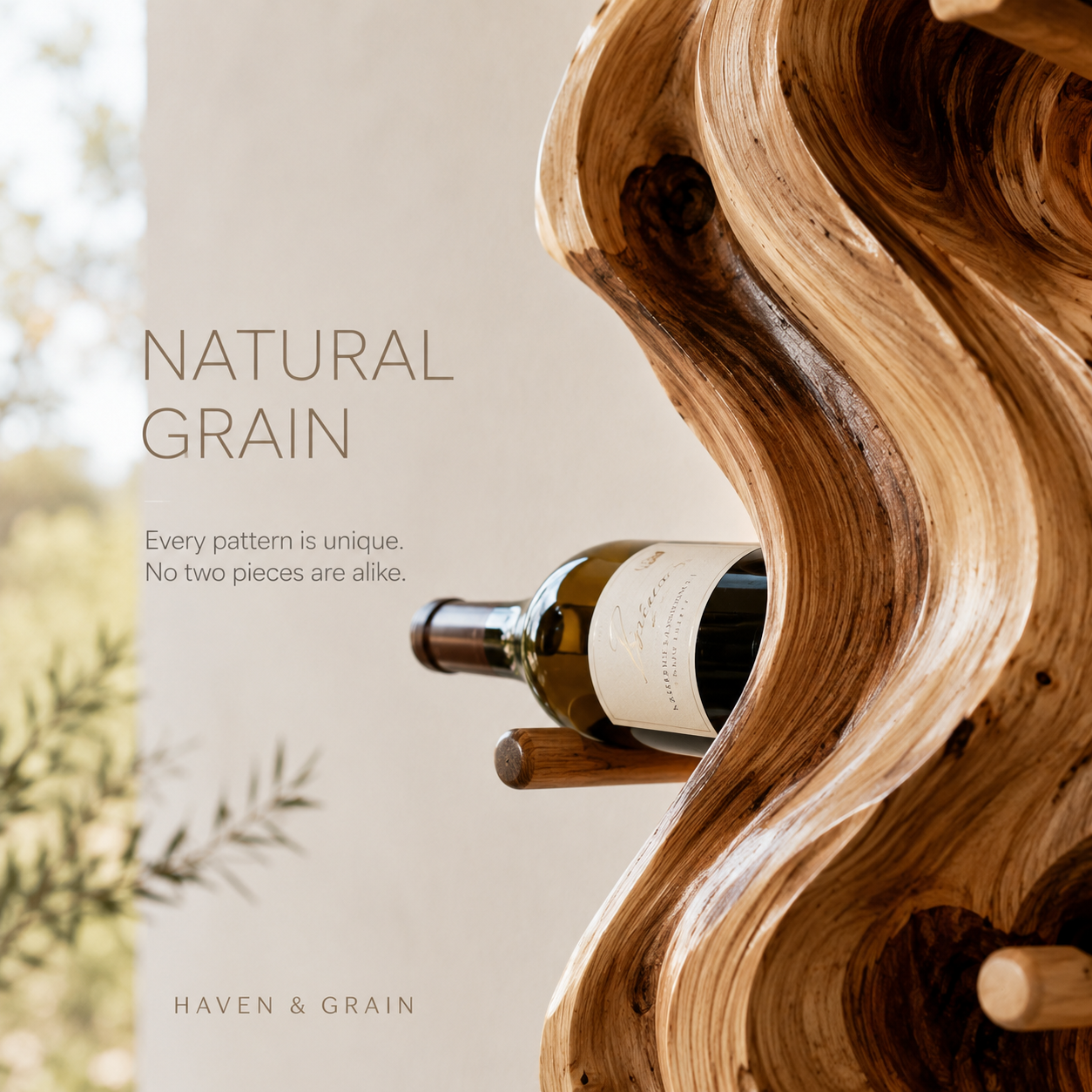 Solid Wood Wall Wine Rack with Glass Holder - Carved Halo - product image 05