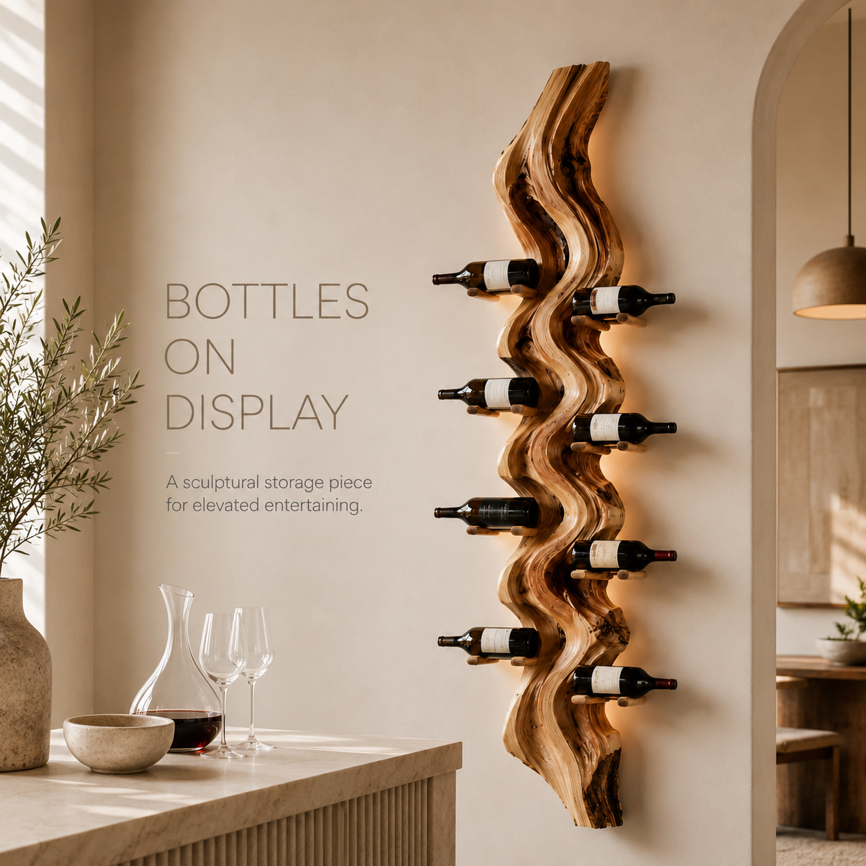 Solid Wood Wall Wine Rack with Glass Holder - Carved Halo - product image 07