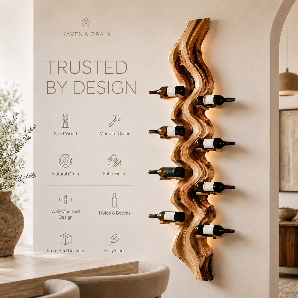 Solid Wood Wall Wine Rack with Glass Holder - Carved Halo - product image 09