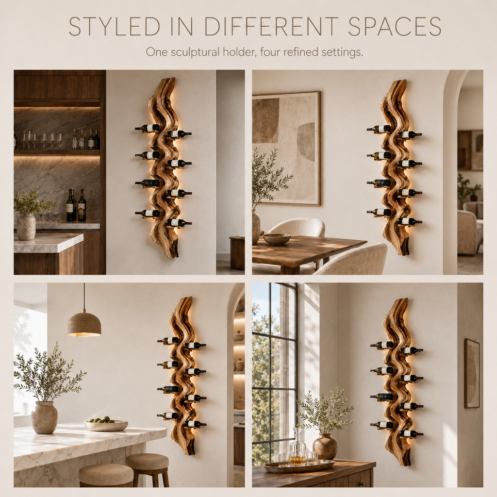 Solid Wood Wall Wine Rack with Glass Holder - Carved Halo - product image 11