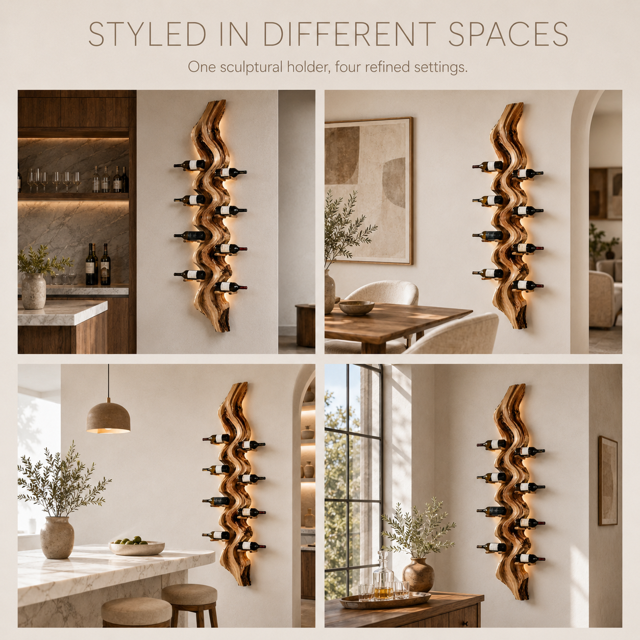 Solid Wood Wall Wine Rack with Glass Holder - Carved Halo - product image 11