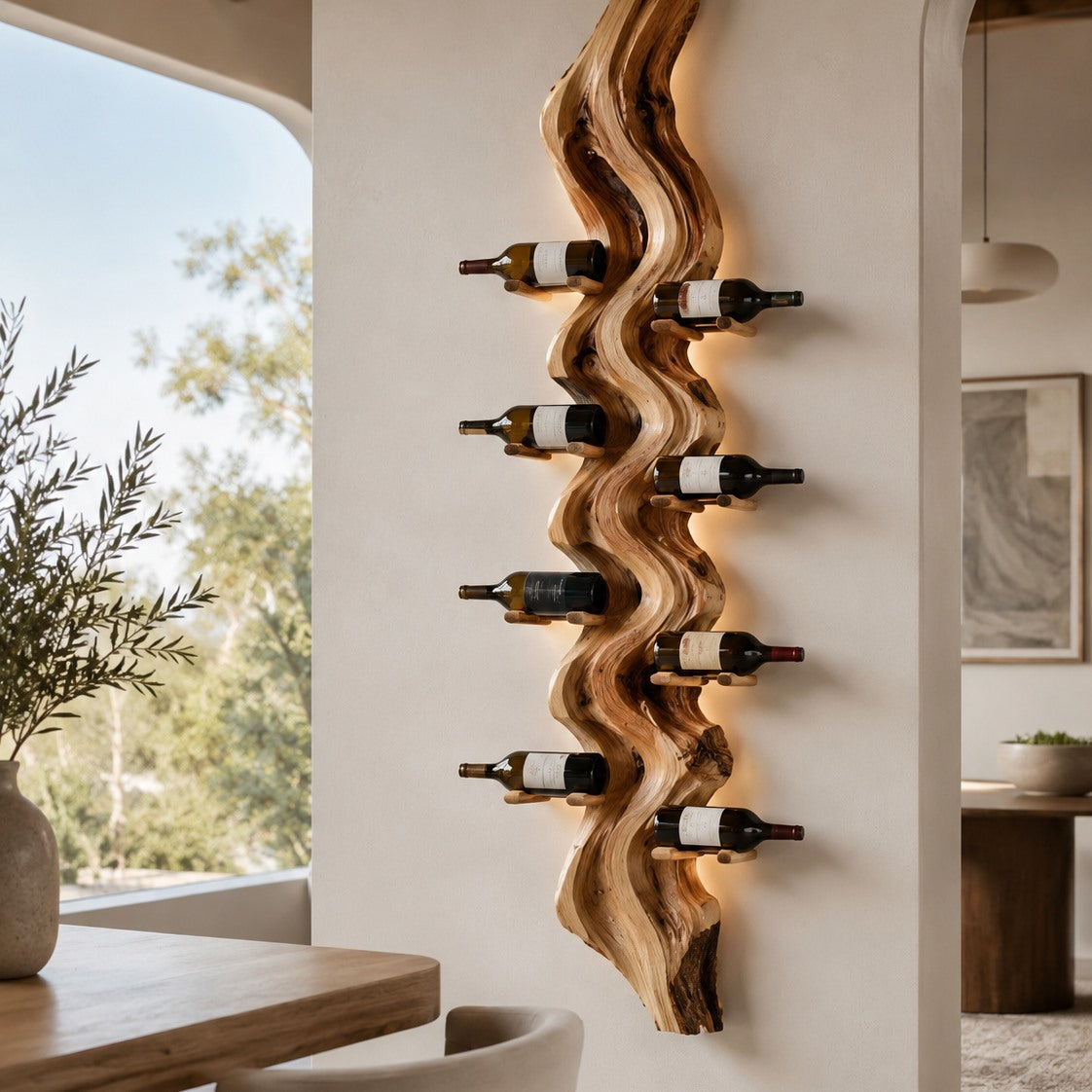 Solid Wood Wall Wine Rack with Glass Holder - Carved Halo - Design 152 - square cover image