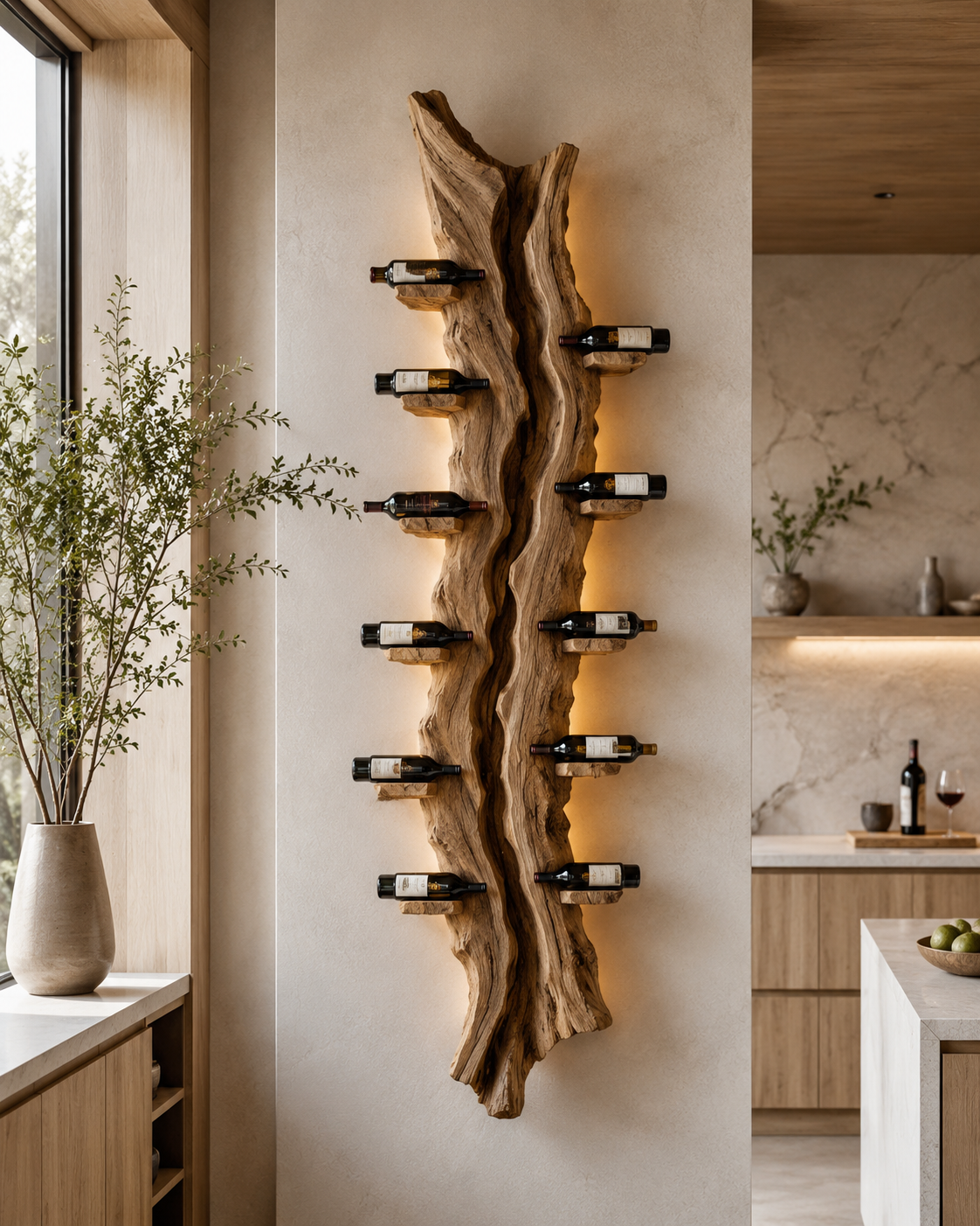 Solid Wood Wall Wine Rack with Glass Holder - Root Form - main view