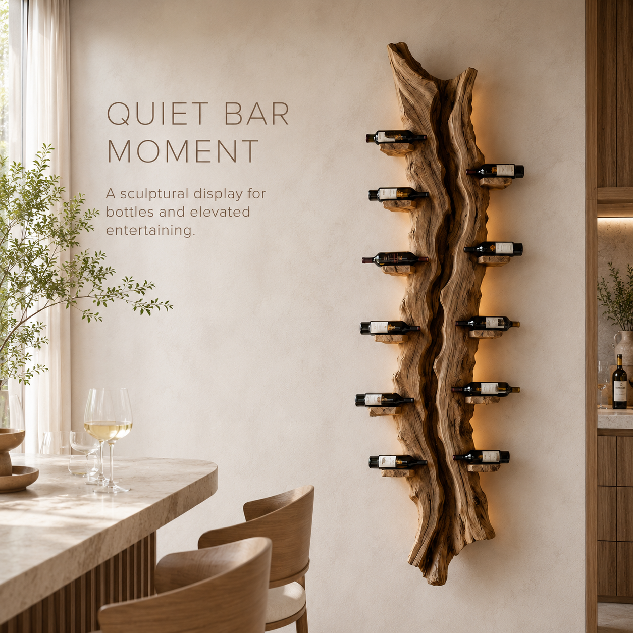 Solid Wood Wall Wine Rack with Glass Holder - Root Form - product image 02