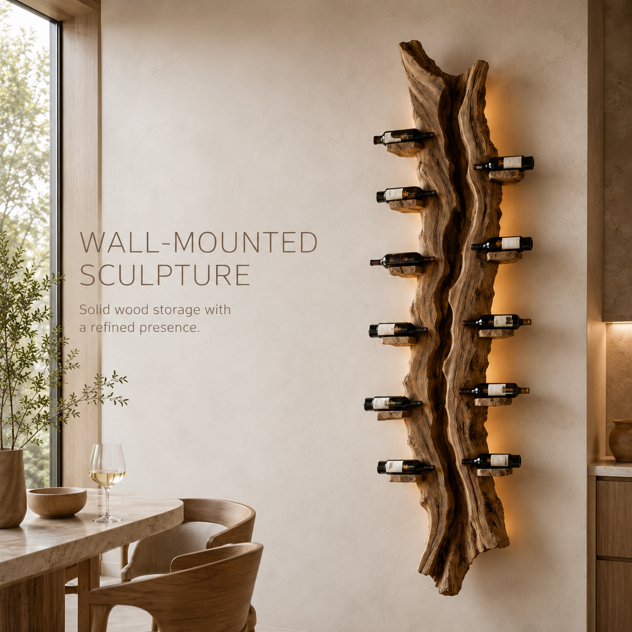 Solid Wood Wall Wine Rack with Glass Holder - Root Form - product image 03