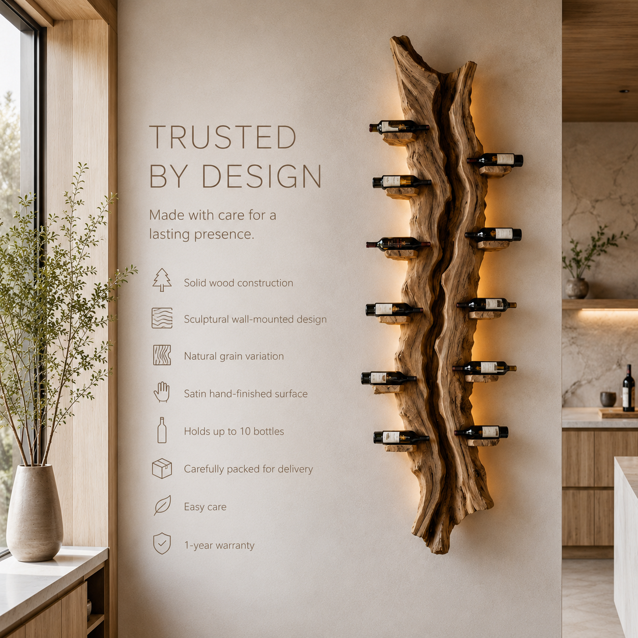 Solid Wood Wall Wine Rack with Glass Holder - Root Form - product image 09