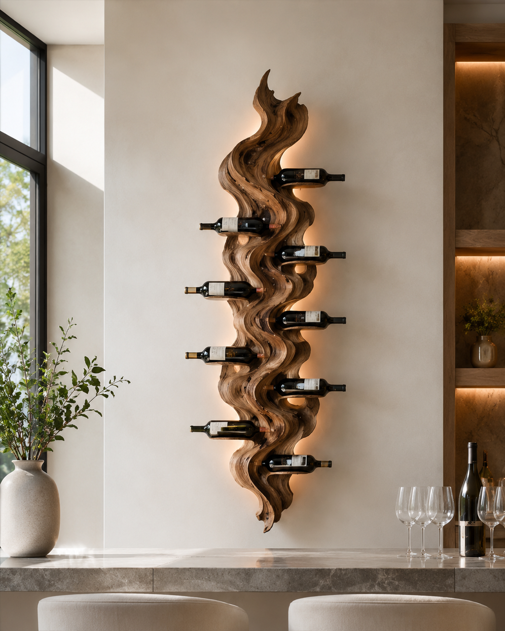 Solid Wood Wall Wine Rack with Glass Holder - Sculptural Flame - main view