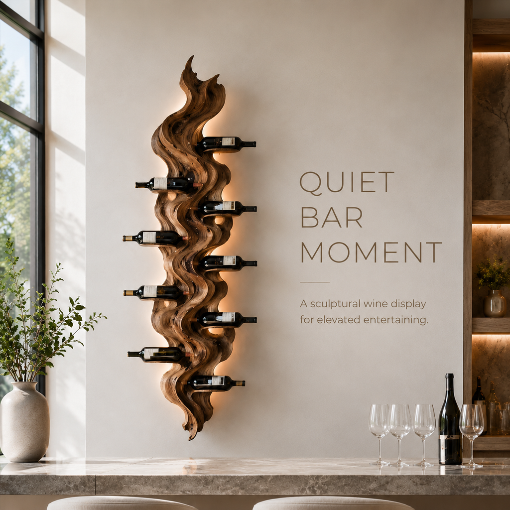 Solid Wood Wall Wine Rack with Glass Holder - Sculptural Flame - product image 02