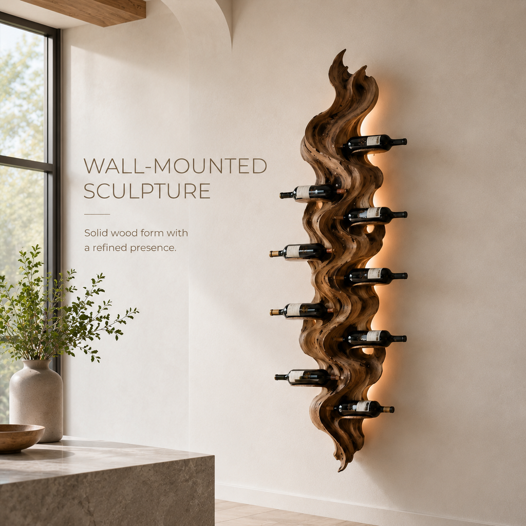 Solid Wood Wall Wine Rack with Glass Holder - Sculptural Flame - product image 03