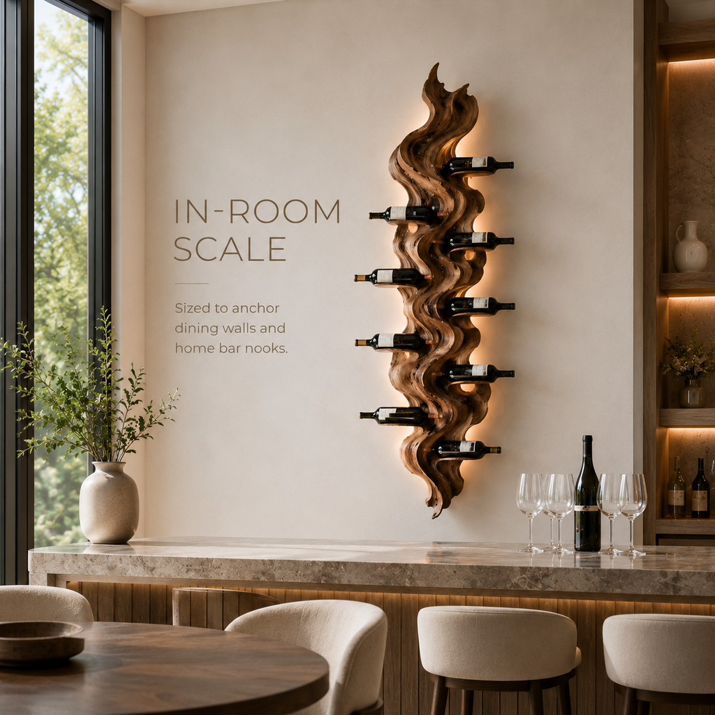 Solid Wood Wall Wine Rack with Glass Holder - Sculptural Flame - product image 04
