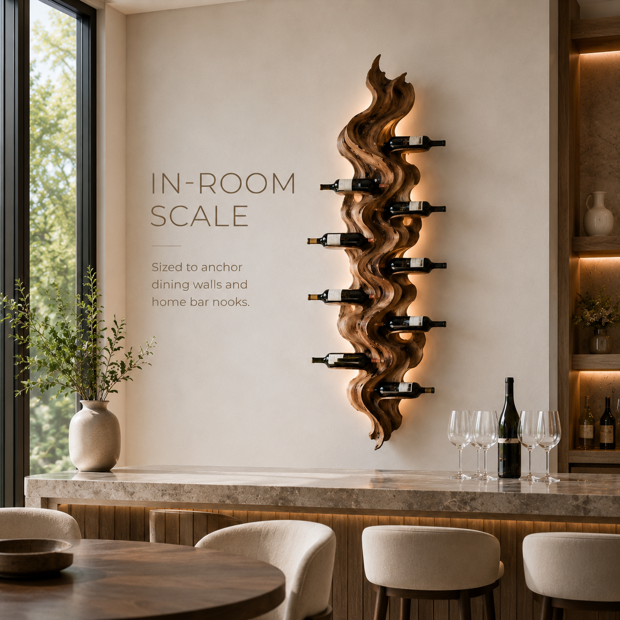 Solid Wood Wall Wine Rack with Glass Holder - Sculptural Flame - product image 04
