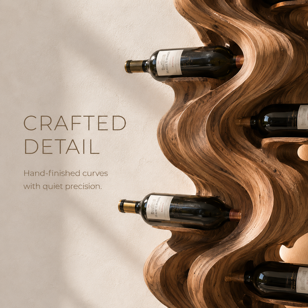 Solid Wood Wall Wine Rack with Glass Holder - Sculptural Flame - product image 06