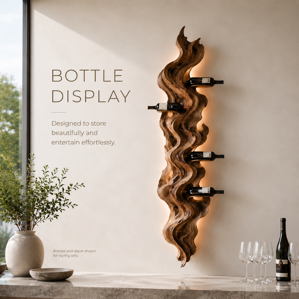 Solid Wood Wall Wine Rack with Glass Holder - Sculptural Flame - product image 07