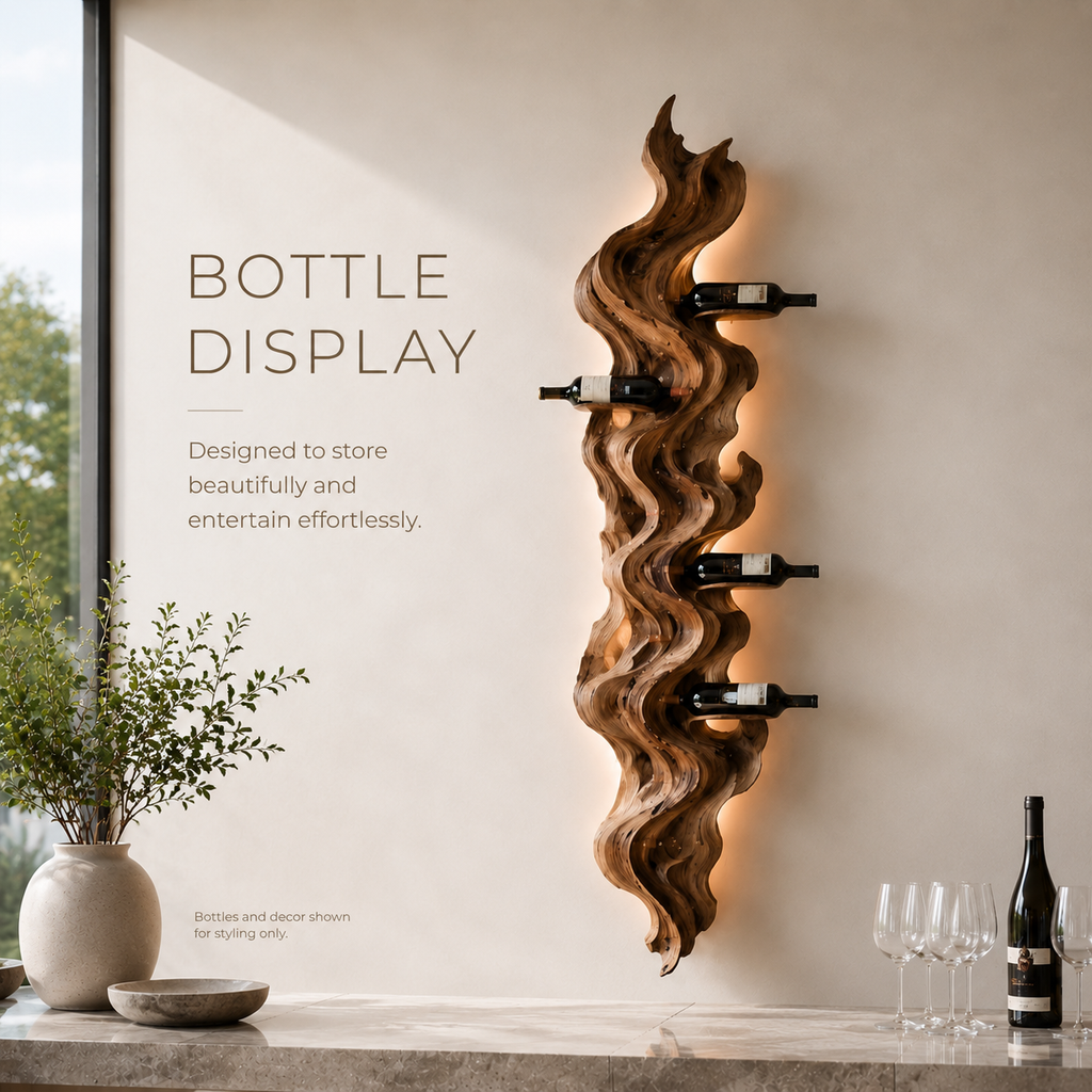 Solid Wood Wall Wine Rack with Glass Holder - Sculptural Flame - product image 07