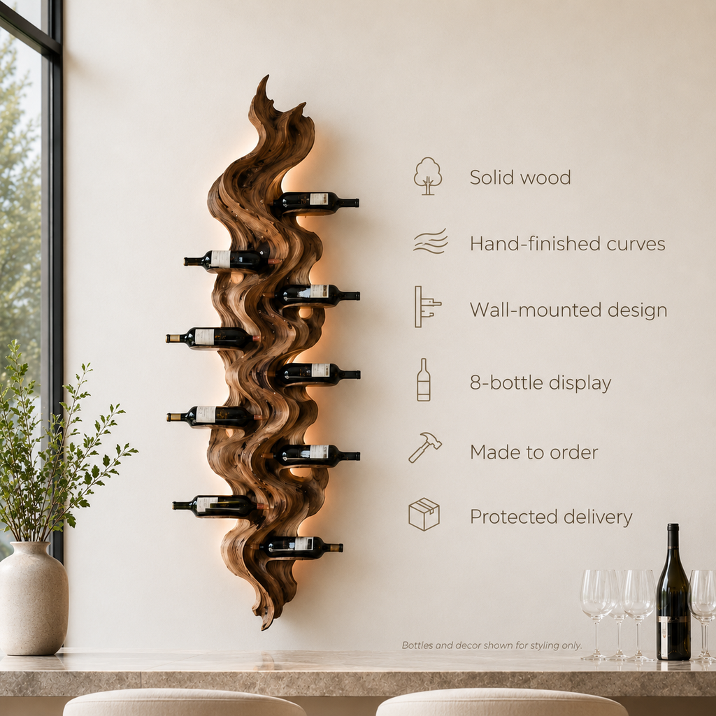 Solid Wood Wall Wine Rack with Glass Holder - Sculptural Flame - product image 09