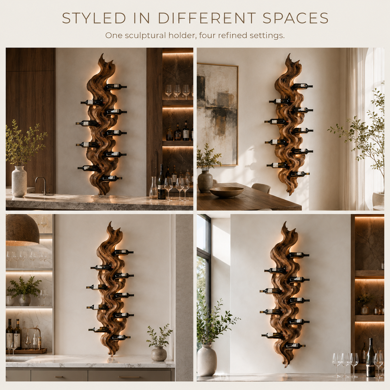 Solid Wood Wall Wine Rack with Glass Holder - Sculptural Flame - product image 10