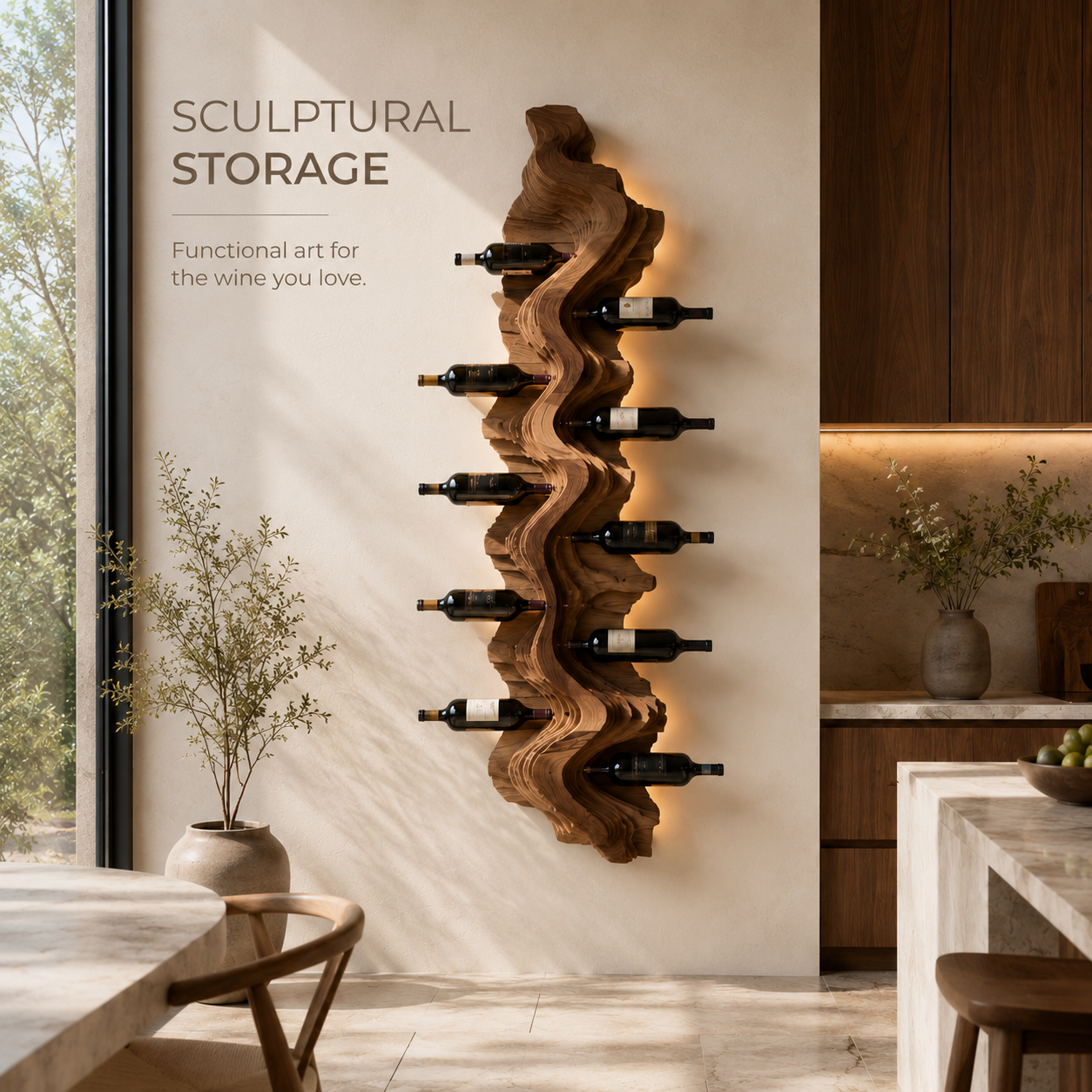 Solid Wood Wall Wine Rack with Glass Holder - Live Edge Gallery - product image 02