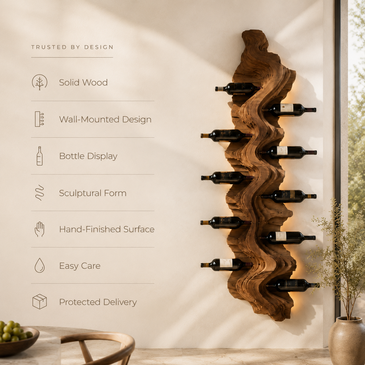 Solid Wood Wall Wine Rack with Glass Holder - Live Edge Gallery - product image 09