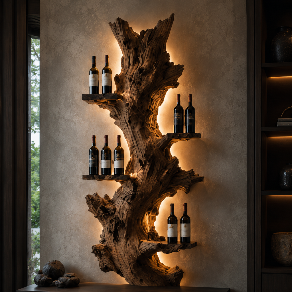Solid Wood Wall Wine Rack with Glass Holder - Organic Branch - main view