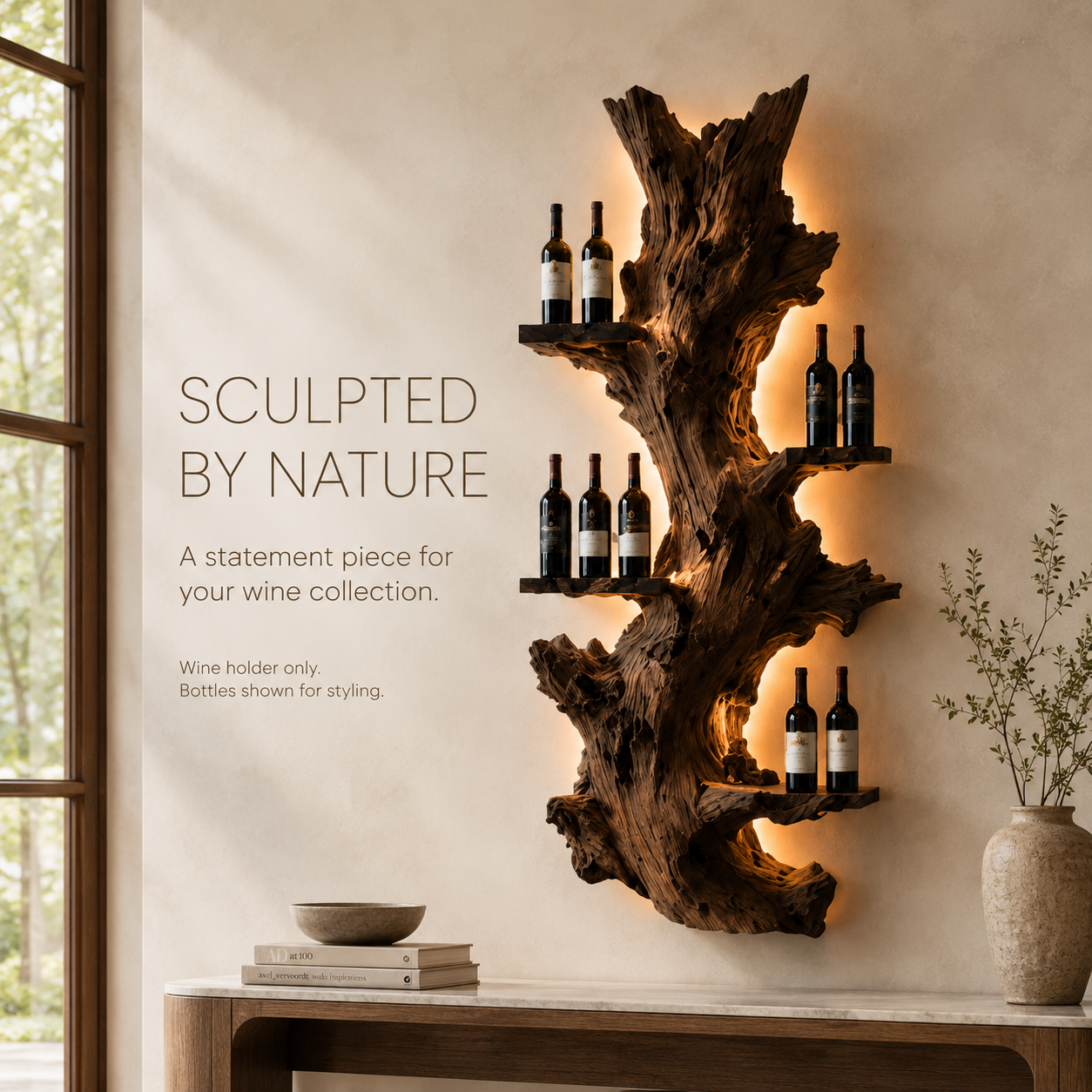 Solid Wood Wall Wine Rack with Glass Holder - Organic Branch - product image 02