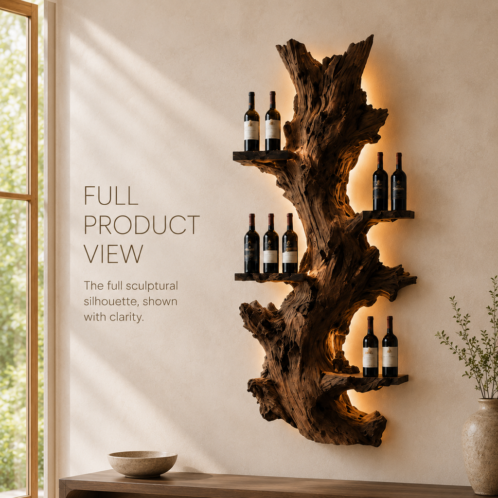 Solid Wood Wall Wine Rack with Glass Holder - Organic Branch - product image 03