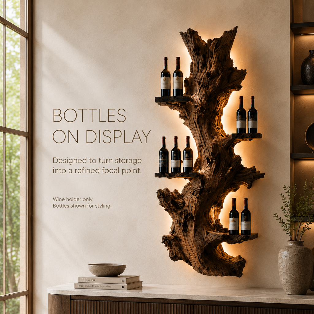 Solid Wood Wall Wine Rack with Glass Holder - Organic Branch - product image 07