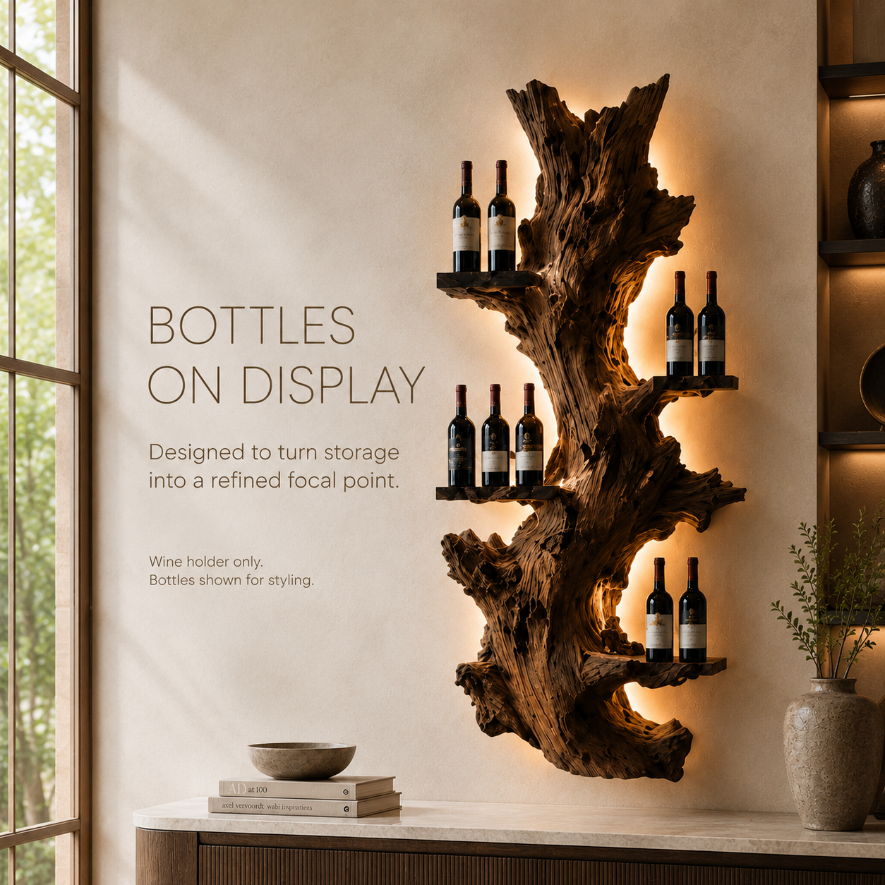 Solid Wood Wall Wine Rack with Glass Holder - Organic Branch - product image 07