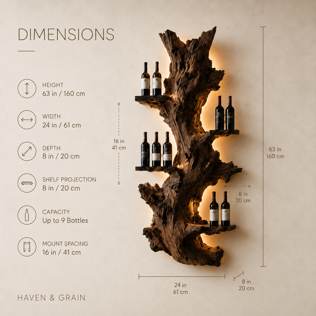 Solid Wood Wall Wine Rack with Glass Holder - Organic Branch - product image 08