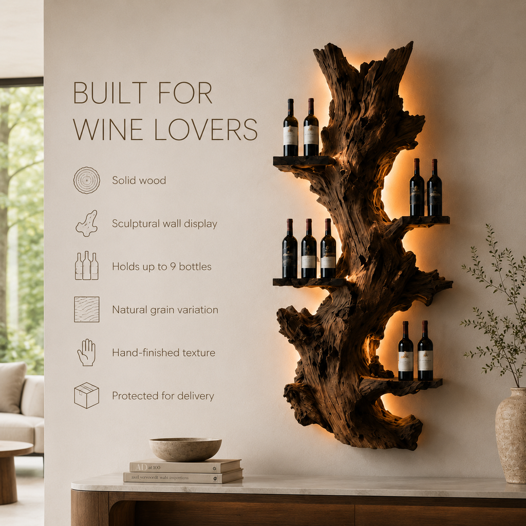 Solid Wood Wall Wine Rack with Glass Holder - Organic Branch - product image 09