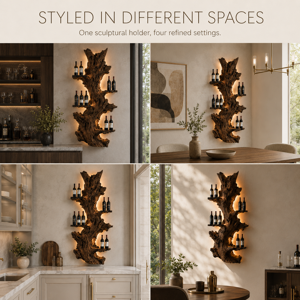 Solid Wood Wall Wine Rack with Glass Holder - Organic Branch - product image 10