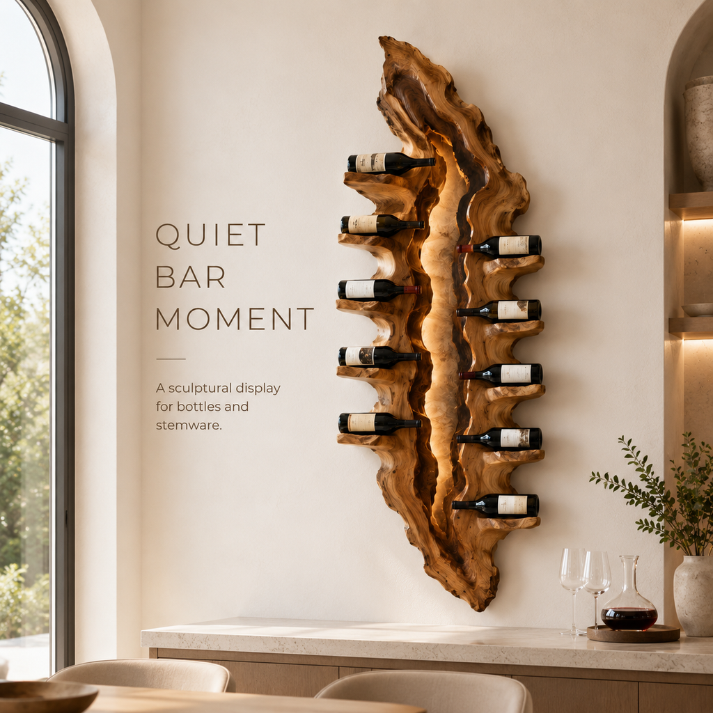 Solid Wood Wall Wine Rack with Glass Holder - Crescent Wall - product image 02