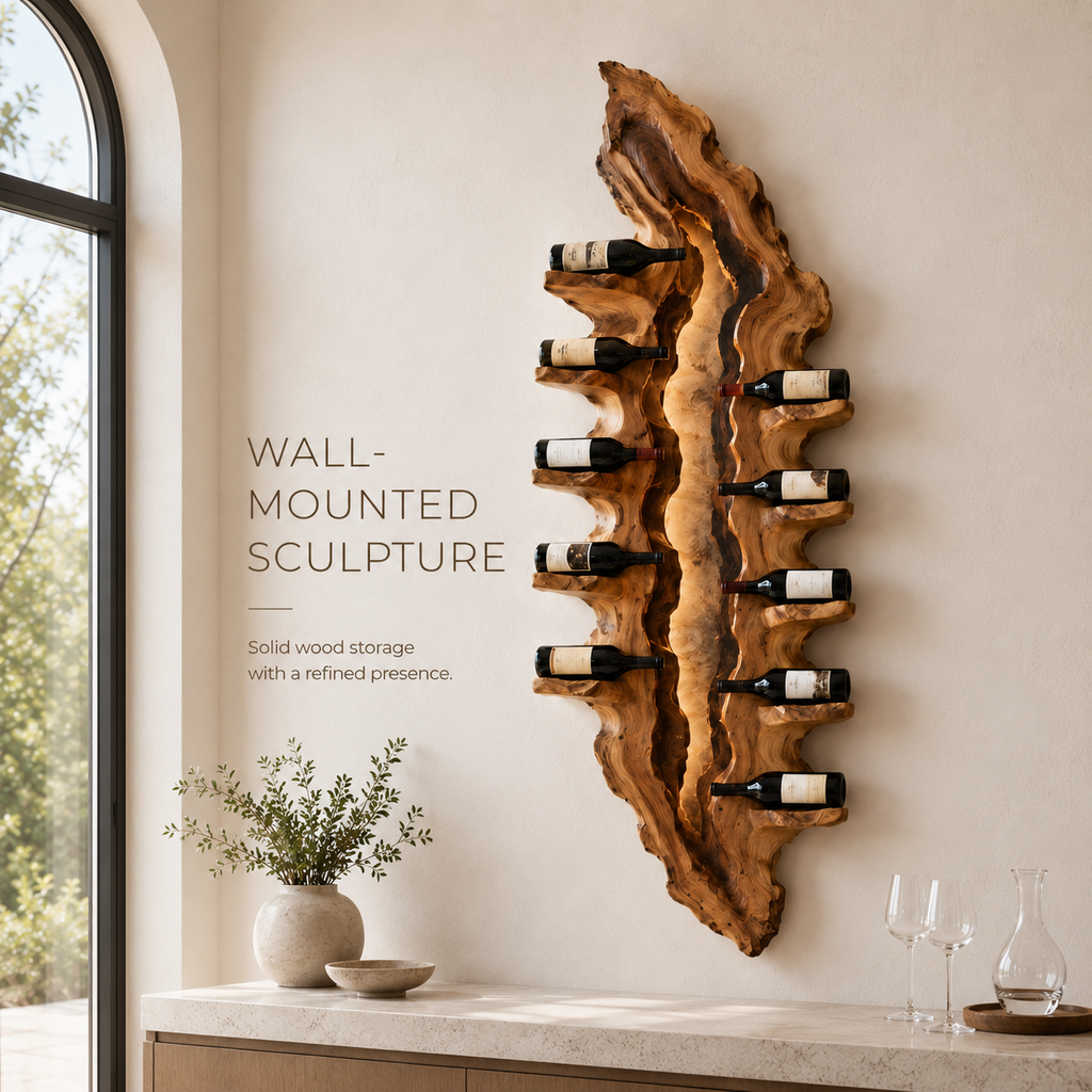 Solid Wood Wall Wine Rack with Glass Holder - Crescent Wall - product image 03