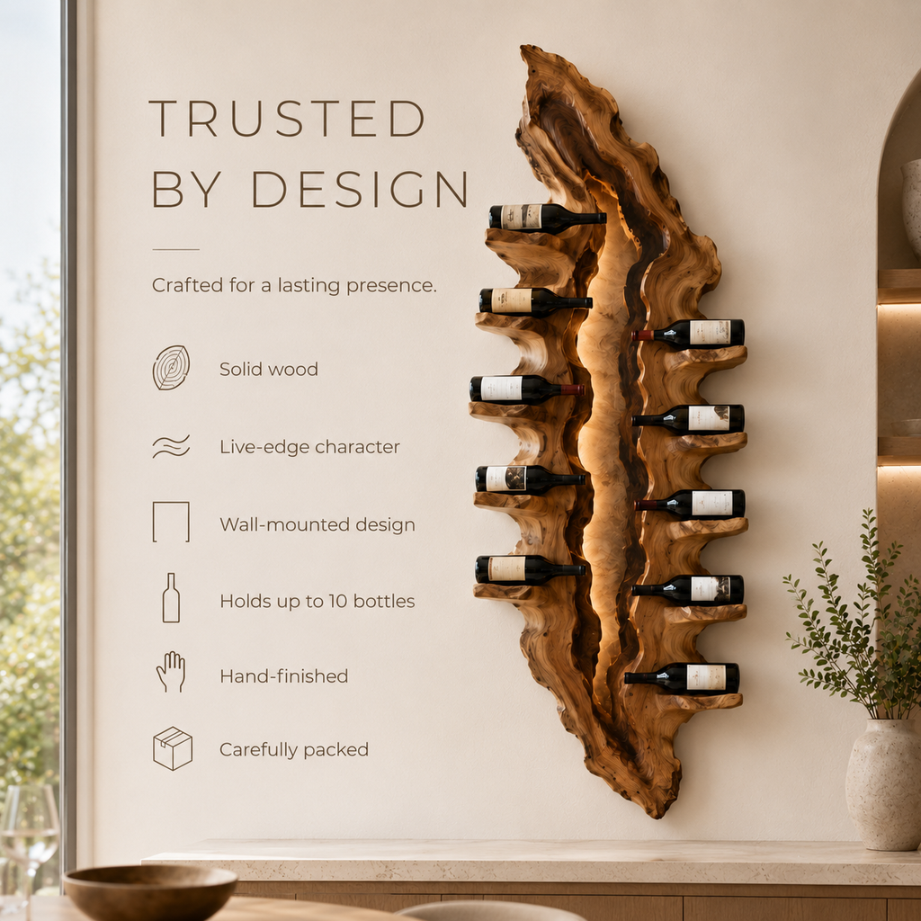 Solid Wood Wall Wine Rack with Glass Holder - Crescent Wall - product image 09