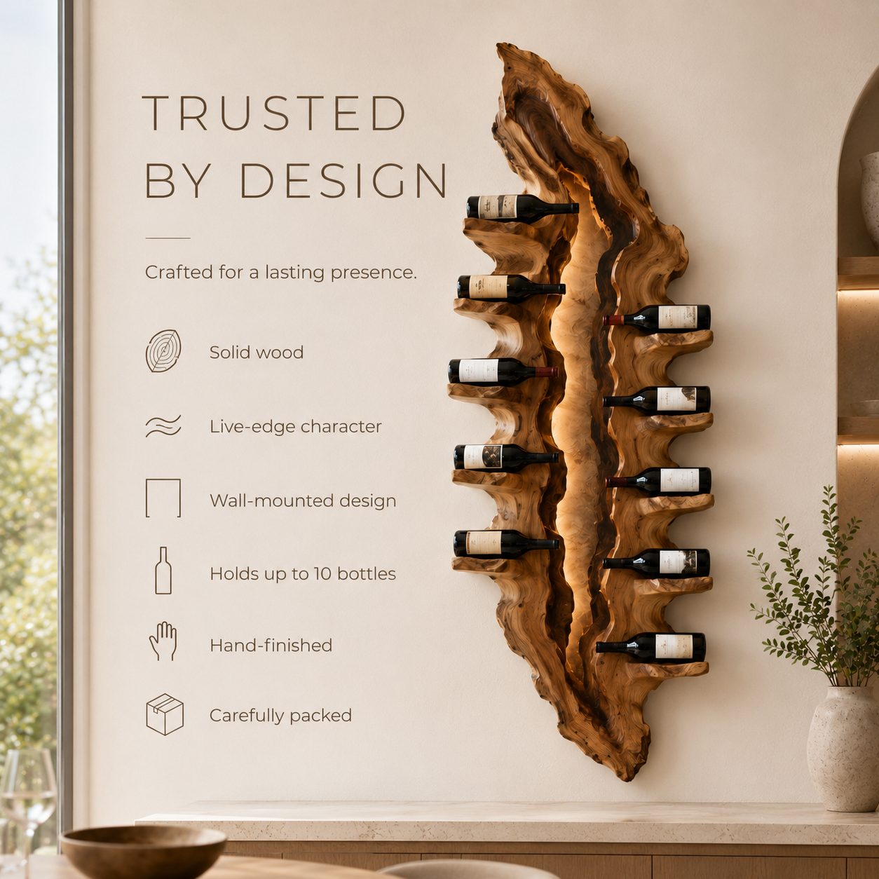 Solid Wood Wall Wine Rack with Glass Holder - Crescent Wall - product image 09