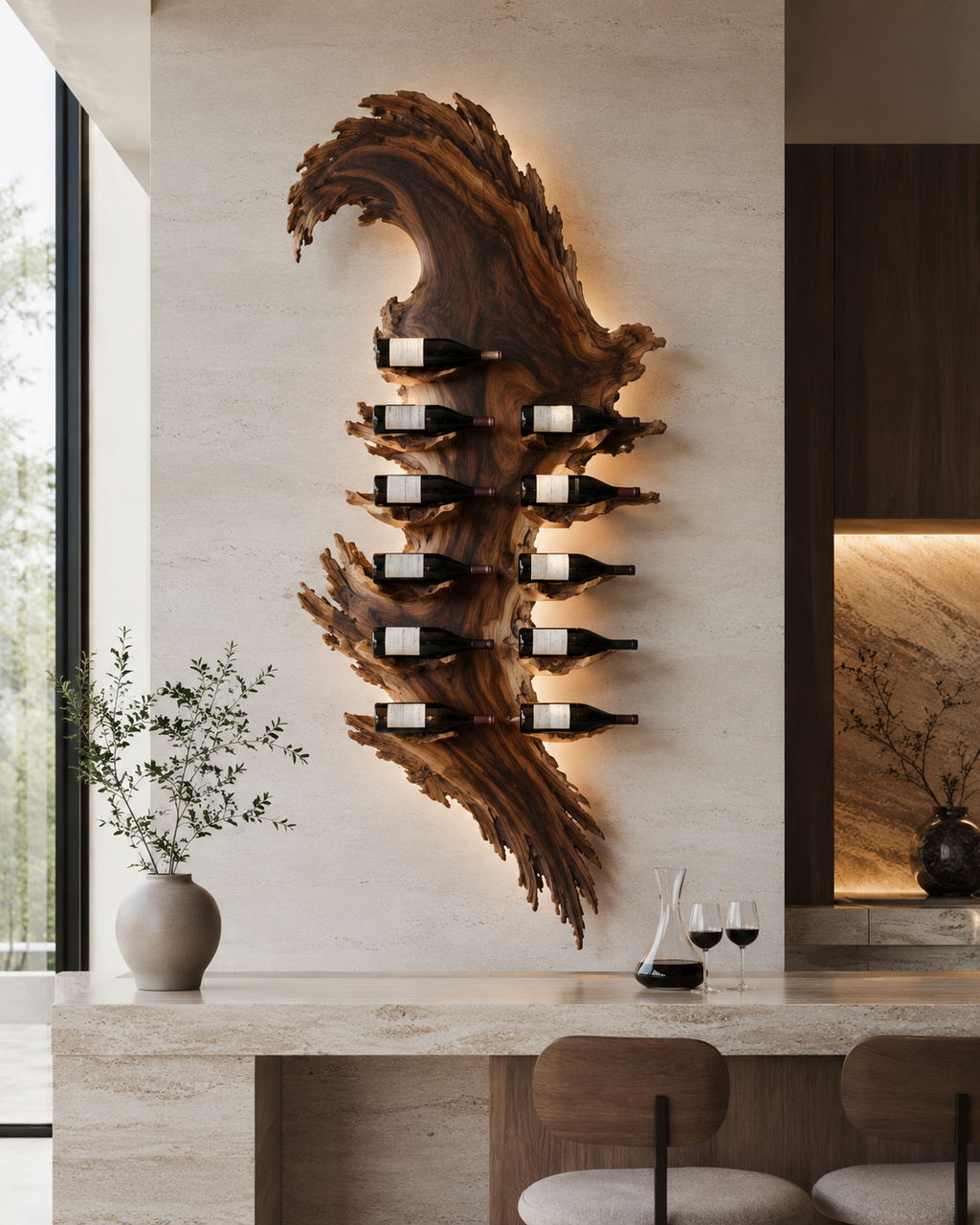 Solid Wood Wall Wine Rack with Glass Holder - Floating Rail - main view