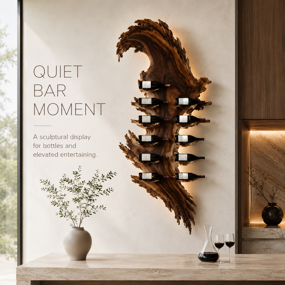 Solid Wood Wall Wine Rack with Glass Holder - Floating Rail - product image 02