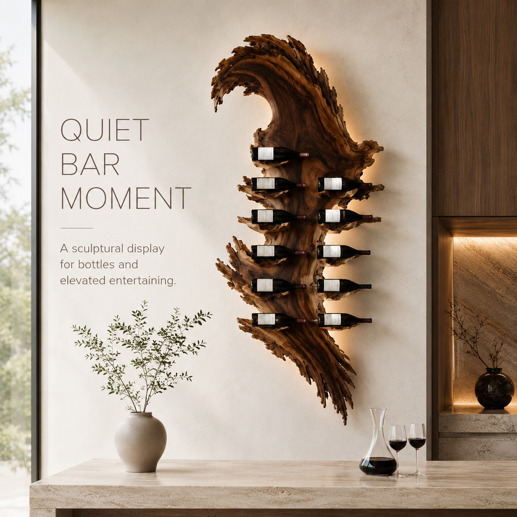 Solid Wood Wall Wine Rack with Glass Holder - Floating Rail - product image 02