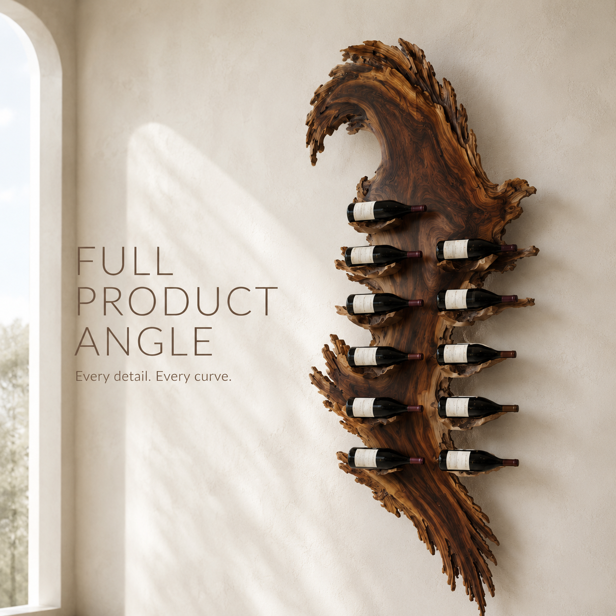 Solid Wood Wall Wine Rack with Glass Holder - Floating Rail - product image 03