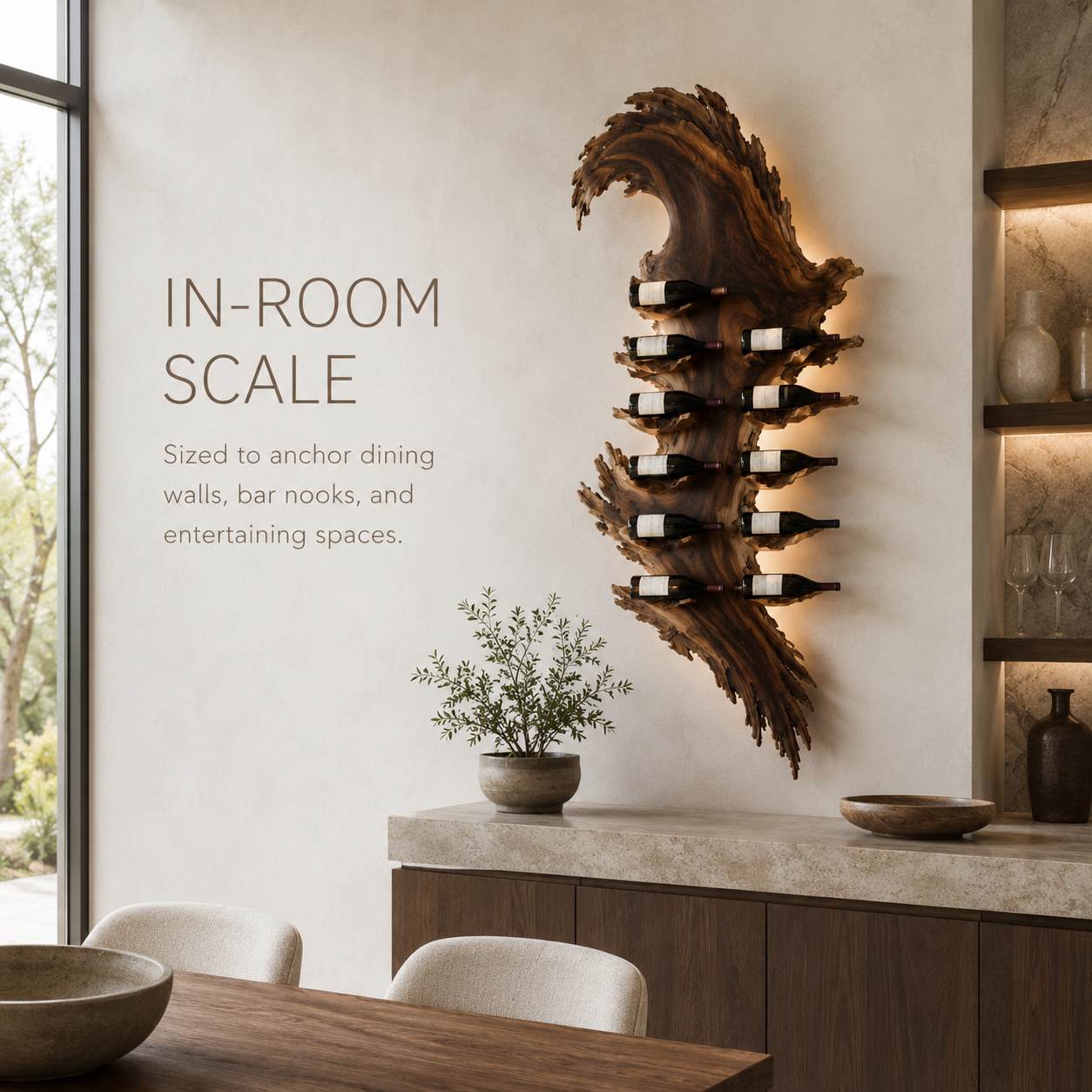 Solid Wood Wall Wine Rack with Glass Holder - Floating Rail - product image 04