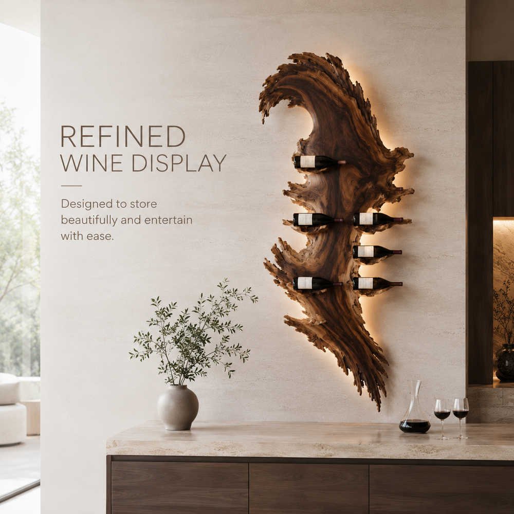 Solid Wood Wall Wine Rack with Glass Holder - Floating Rail - product image 07