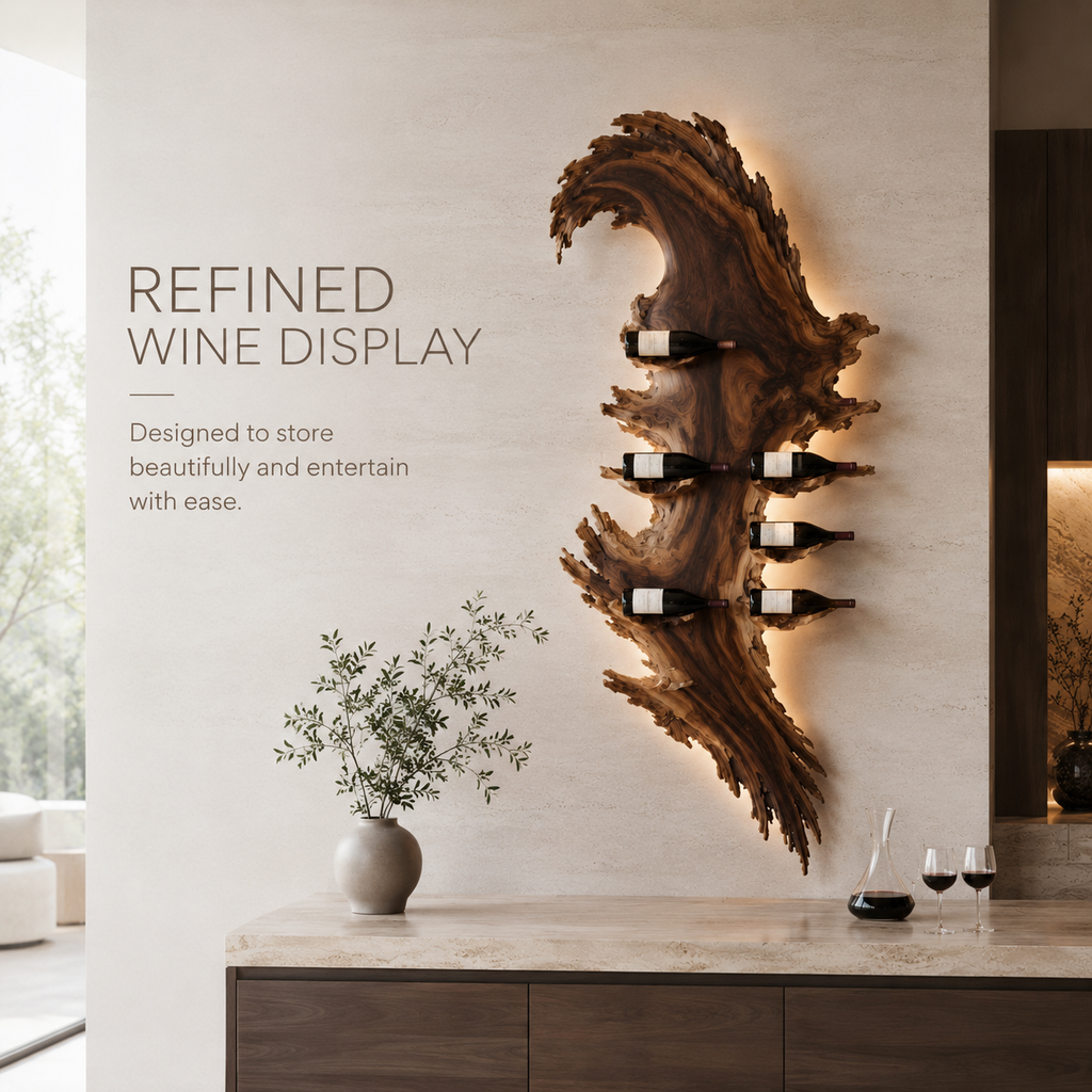 Solid Wood Wall Wine Rack with Glass Holder - Floating Rail - product image 07